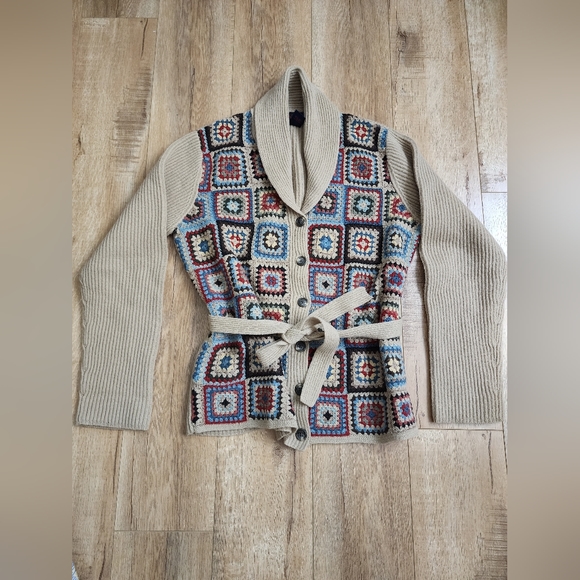 RARE Women's RALPH LAUREN Hand Knit Patchwork Crochet Lambs Wool Cardigan L Belt - Picture 3 of 9